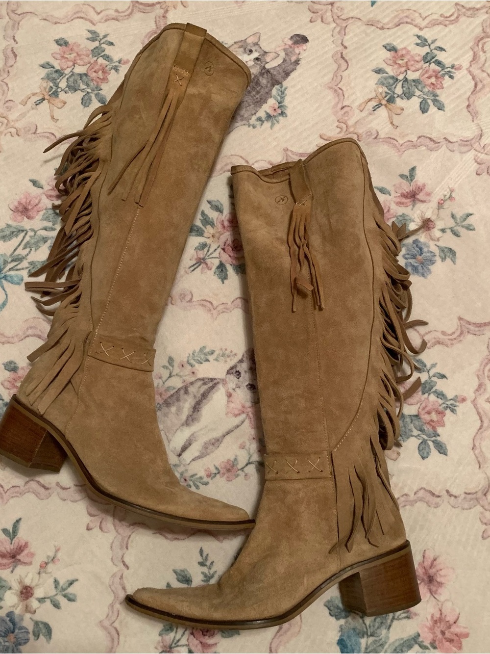 Suede Fringe Knee-High Western Boots - Tan